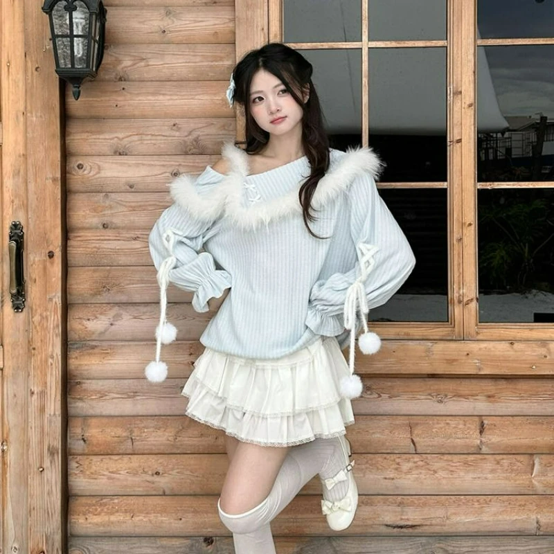 

Japanese Sweet Lolita 2 Piece Sets Women Kawaii Plush Patchwork Off Shoulder Knitted Top Cute Mini Cake Skirt Y2k Casual Outfits