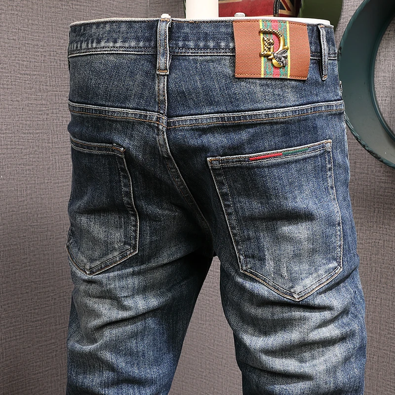 Fashion Designer Men Jeans High Quality Retro Blue Elastic Slim Fit Ripped Jeans Men Casual Trousers Vintage Denim Pants Hombre