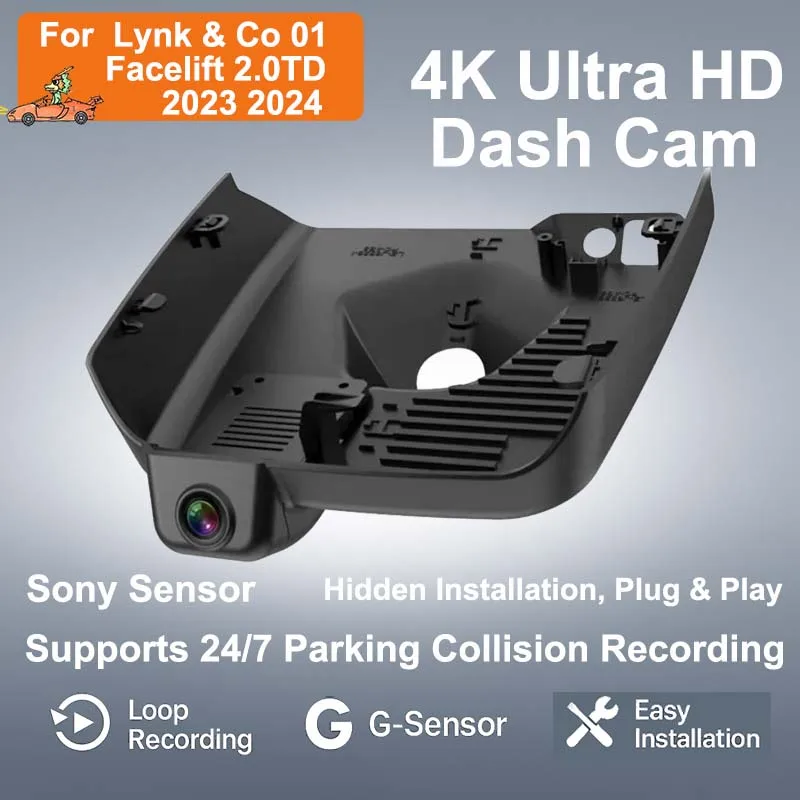 

OEM Style 4K HD Plug And Play Dash Cam Wifi Car DVR Dual lens For Lynk & Co 01 Facelift 2.0TD 2023 2024 APP Control & G-sensor