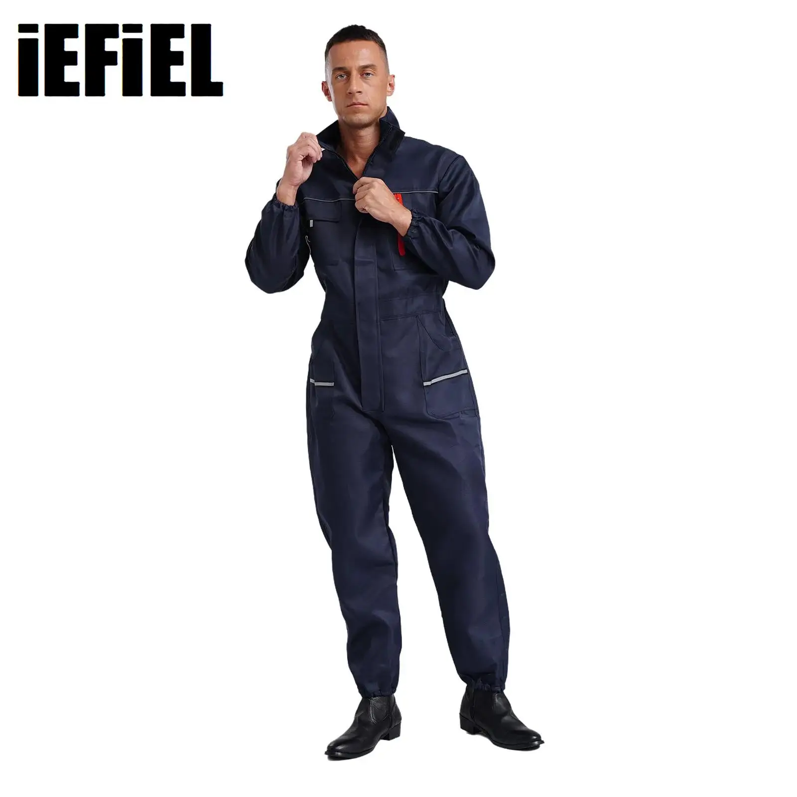 Adults Work Uniforms Unisex Wear Resistant Coveralls Stand Collar Long Sleeve Multi-pockets Reflective Stripes Jumpsuit