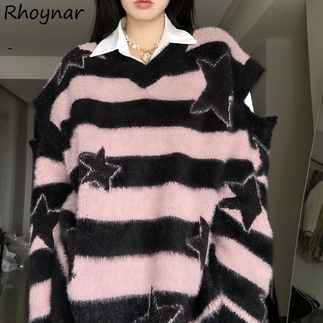 Striped Pullovers Women Fashion All-match Korean Style Streetwear Hollow Out Loose Leisure Long Sleeve Sweaters Harajuku Hip-hop