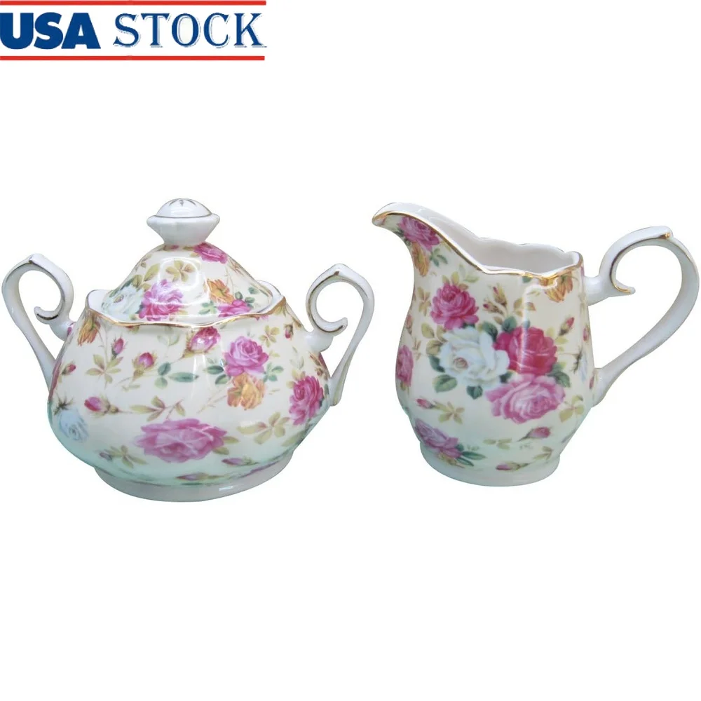 

Porcelain 2-Piece Sugar Creamer Set Rose Chintz Pattern Dishwasher Safe Teaware Perfect Mix and Match Home Decor