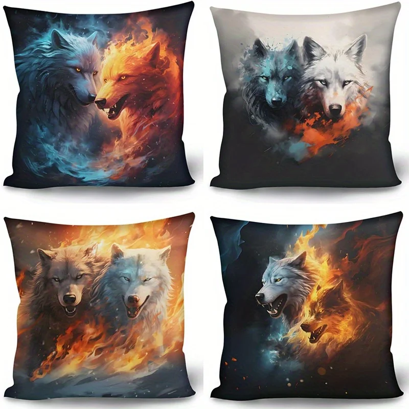 Home Decor Fiery Wolves Artistic Pillow Covers Pattern Cushion Cover Suitable for Sofa Bedroom Car Pillow Cover