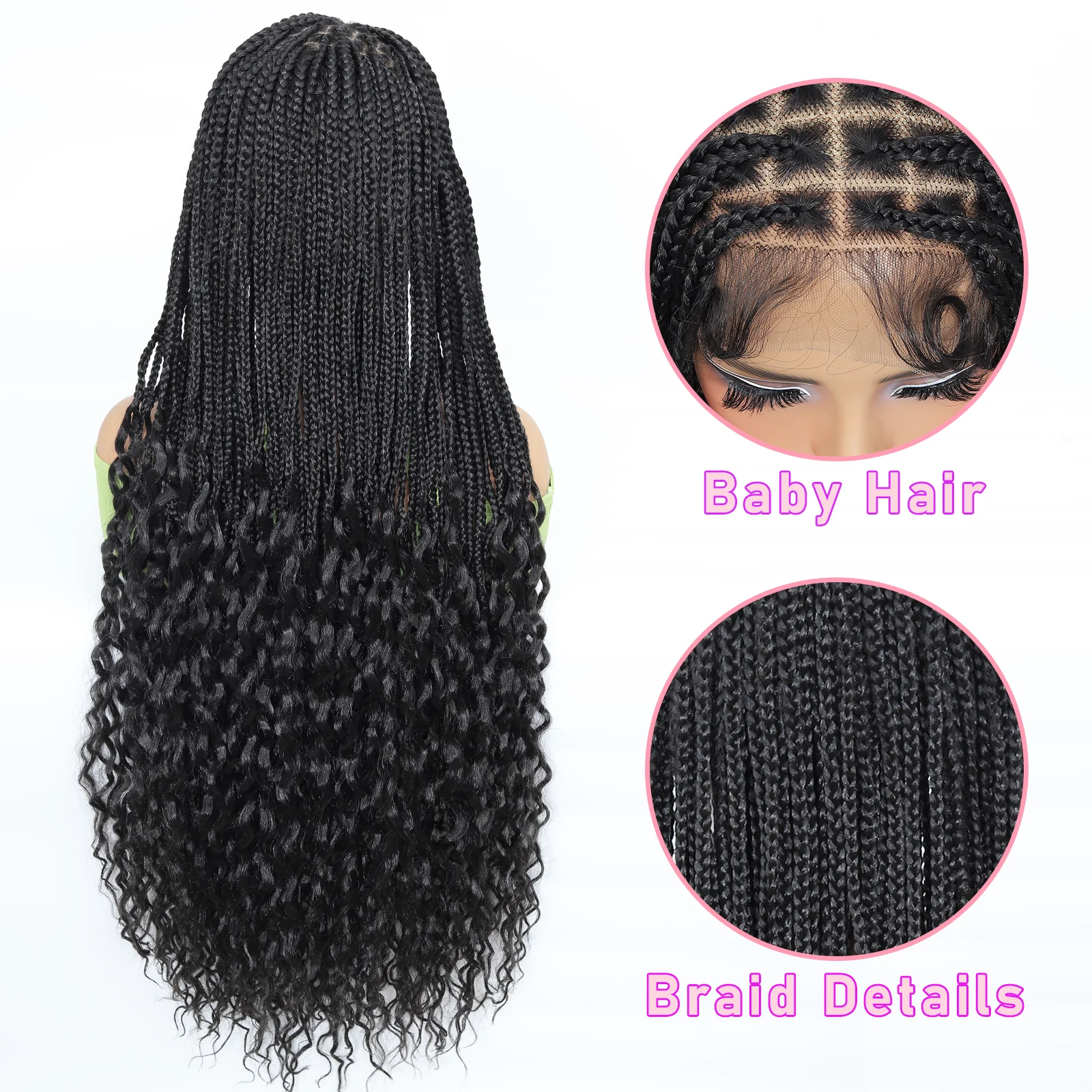 38Inch Full Lace Knotless Braided Wigs Synthetic Box Braid Wig with Curly Ends for Women Lace Frontal Brais Wigs with Baby Hair