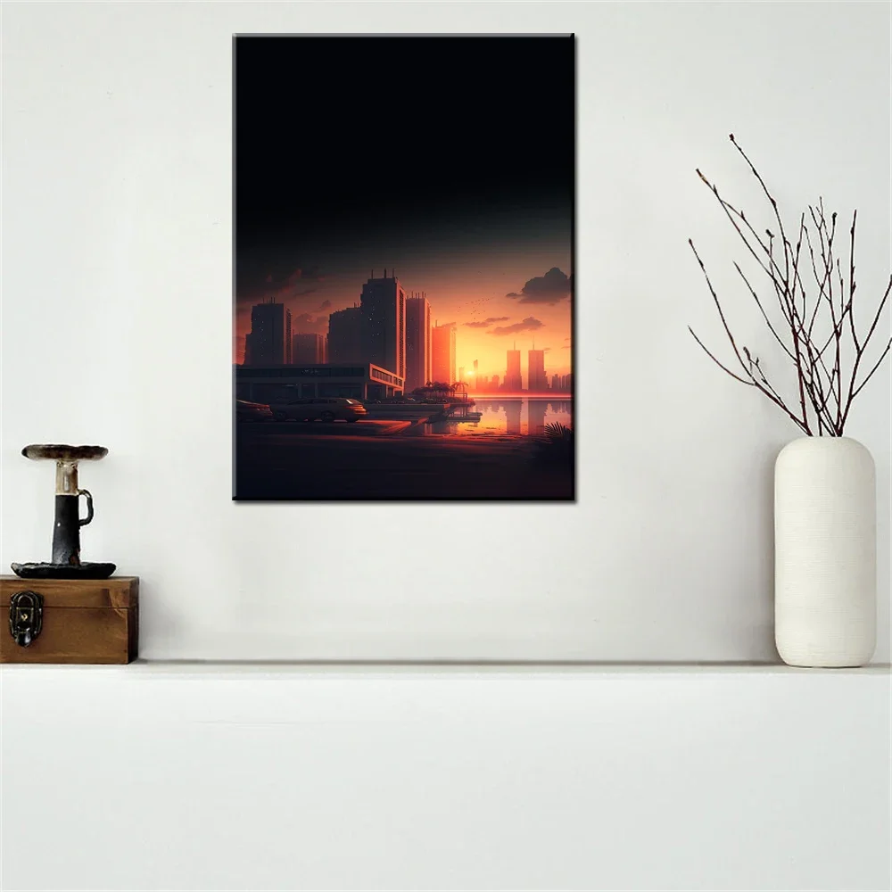 1pc frameless canvas painting Canvas Poster Painting Wallpaper Urban Scenery City Sunset Bridge Picture Printing Home Decor For