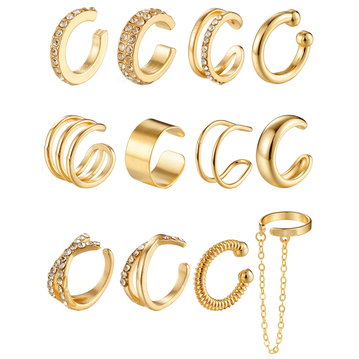 12 Stück Vintage Ohrklemmen in Goldfarbe mit Zirkonia für Damen und Herren, Nicht Durchstochene Ohrclips, Knorpel-Ohrringe, Tägliches Schmuckgeschenk – Detail 7