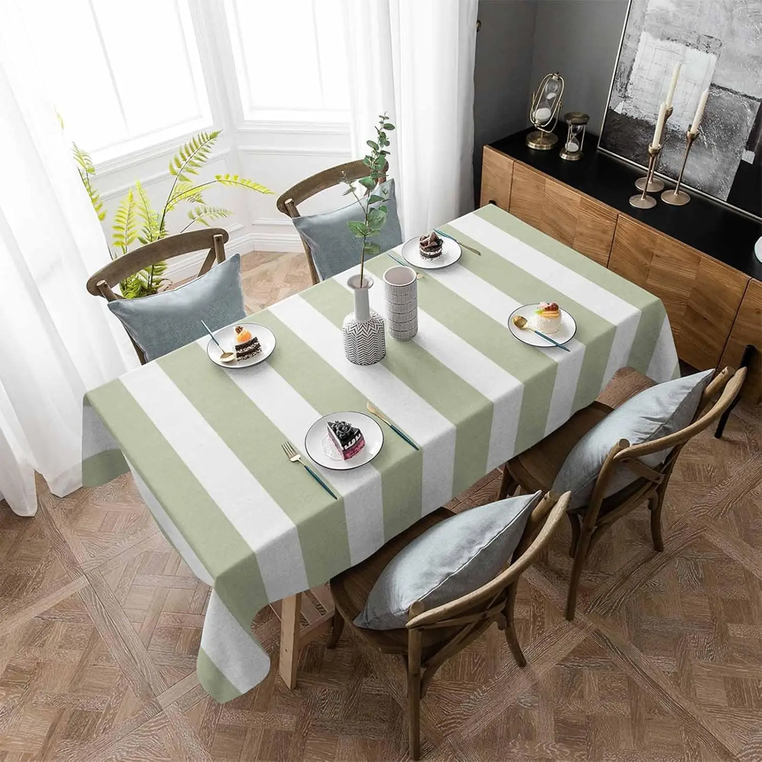 

Sage Green Stripe Rectangle Tablecloth Holiday Party Decor Boho White Geometric Pattern Table Cloths Kitchen Dining Table Decor