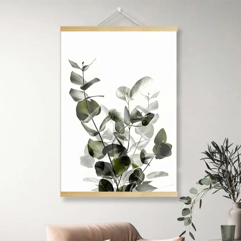 Green Plant Leaves Poster Print Eucalyptus Wall Art Canvas Painting Wood Hanging Scroll Living Room Optimistic Quote Home Decor