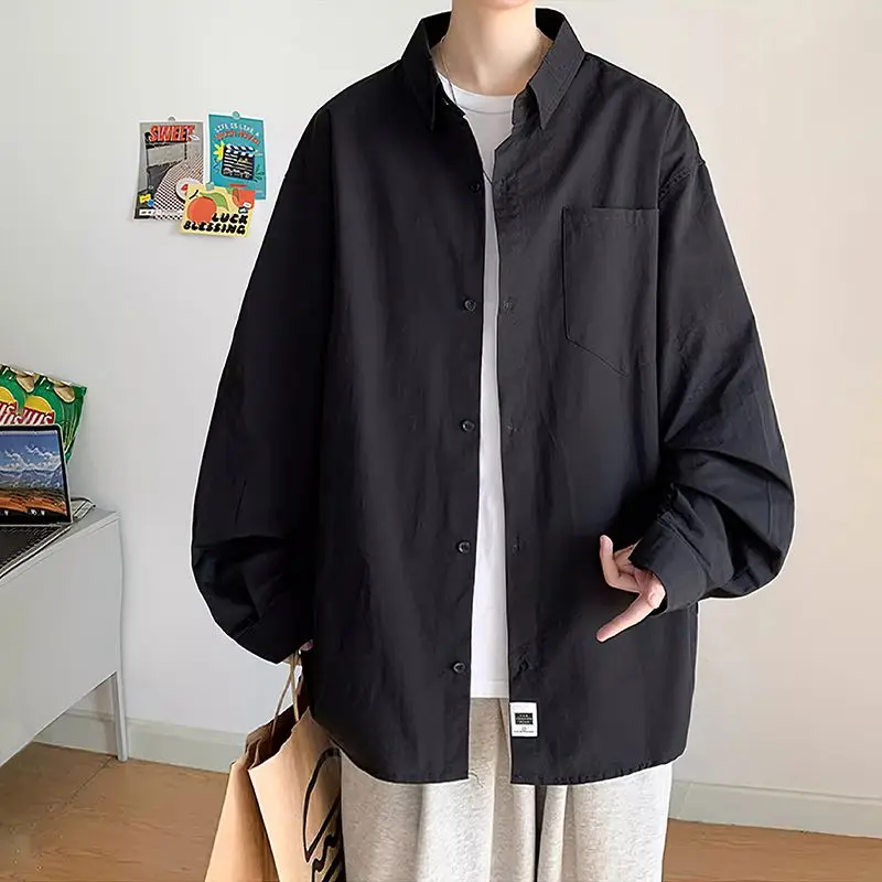 Men's 2024 Spring and Autumn New Splicing Square Collar Button Letters Fashion Loose and Versatile Casual Long Sleeve Shirts