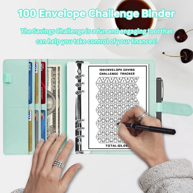 مجلد تحدي 100 ظرف، كتاب تحدي توفير المال، مغلفات تحدي توفير المال، مجلد الميزانية، أخضر متين