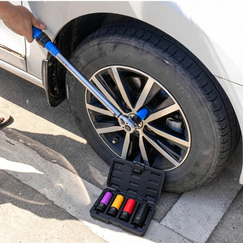 Thin-Wall Wheel Protector Impact Socket Set with Protective Outer Sleeves, Steel Construction, and Storage Case for 24BB