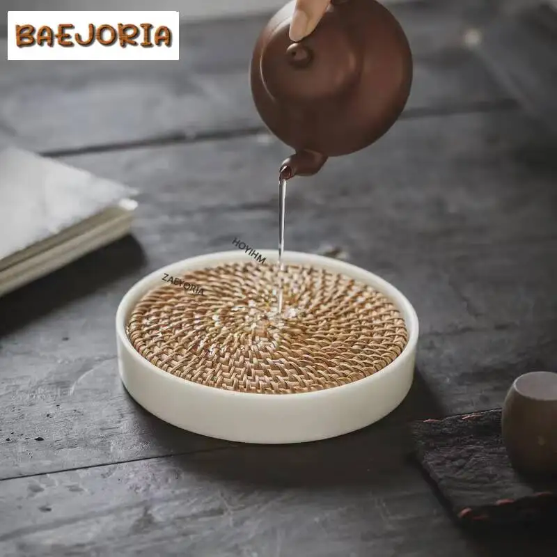 Chinese White Porcelain Pot Bearing Holder Dry Brew Table Store Water Tea Tray Woven Rattan Cover Pot Base Kung Fu Tea Set Gift