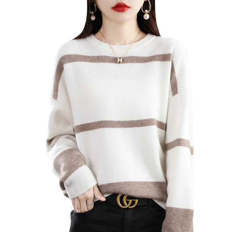 Autumn Winter New Round Neck Color Block Striped Women's Sweater 100% Pure Wool Warm Pullover Fashion Versatile Women's Clothing