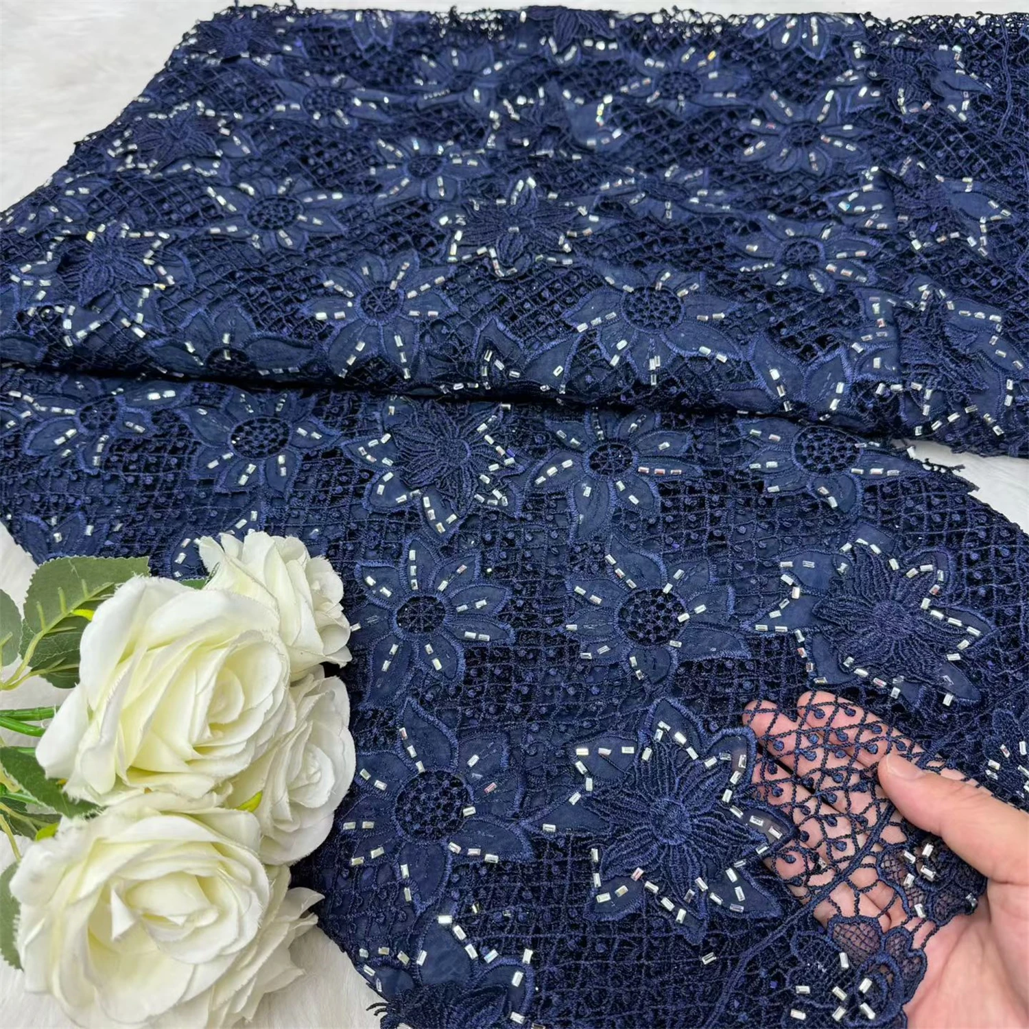 

New High-Quality 3D African Cord Nigerian Guipure Gem Lace Fabric 2026 French Asoebi Chantilly Water Soluble For Party Dresses