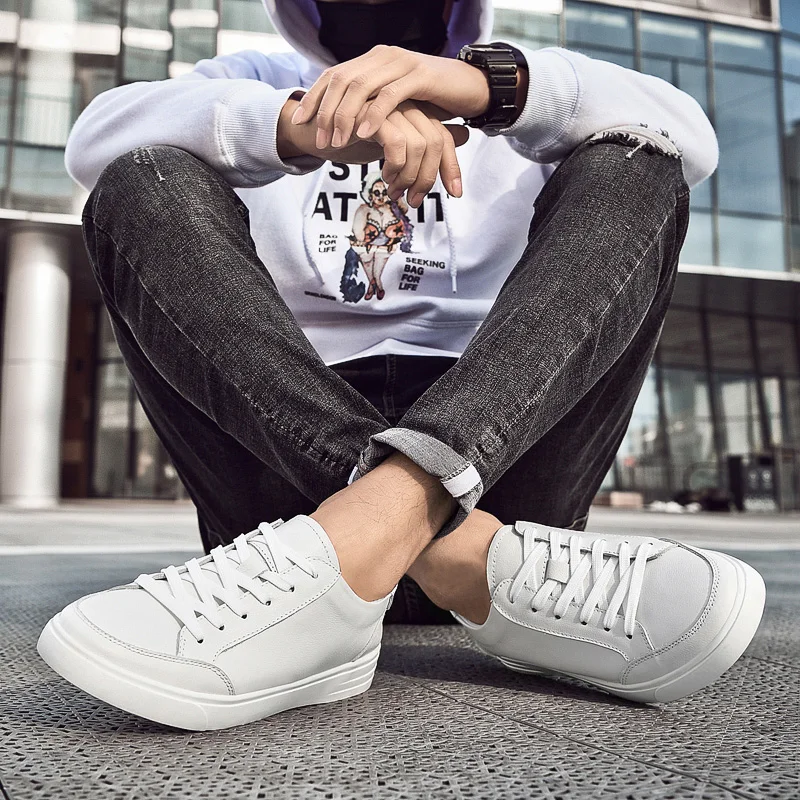 2022 Classic Men White Sneakers Soft Leather Shoes Lace-up Casual Flats Shoes Genuine Leather Men Shoes White Shoes