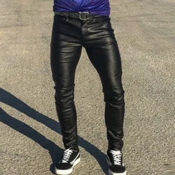 Fashion Mens Slim Fit Leather Pants Solid Color Mid Waist Tight Stretch PU Trousers 2023 Spring Autumn Streetwear Vintage Pants