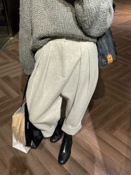 Women Casual Loose Pockets Woolen Suit Pants Autumn Winter High Waist Thicken Korean Ladies Solid Harem Trousers WP49