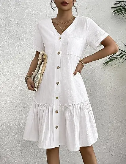 Casual Baumwolle Leinen Sommer Mini Kleid Für Frauen V-ausschnitt Rüschen Kurzarm Kurzes Kleid Damen Mode Lose Taste Kleider