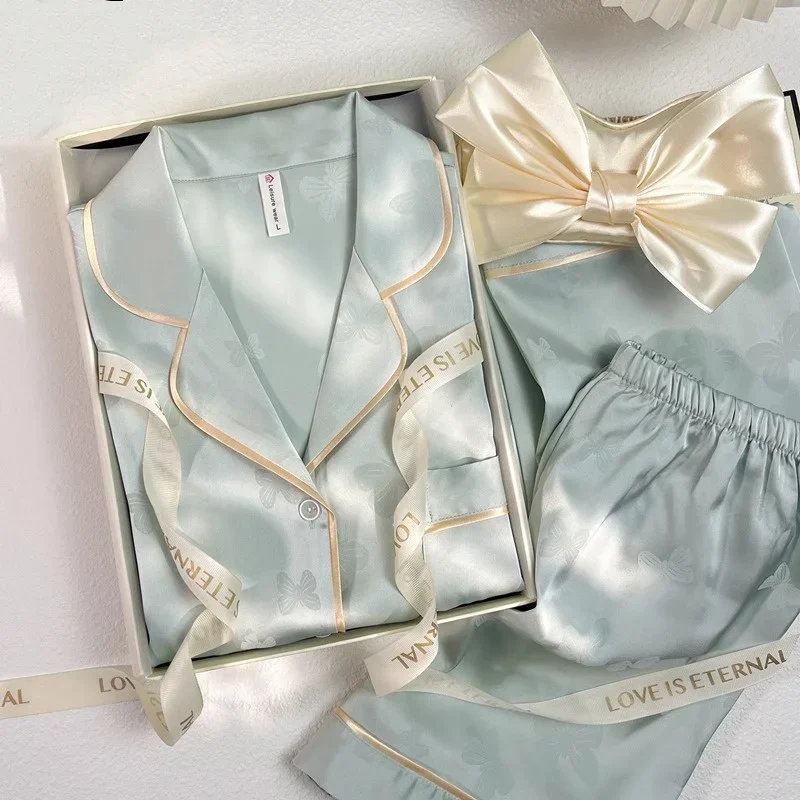 

Pajama Set Women 2025 New Ice Silk Pijama Mujer Long Sleeve Long Pants Luxury Blue Butterfly Home Wear Two-piece Suit