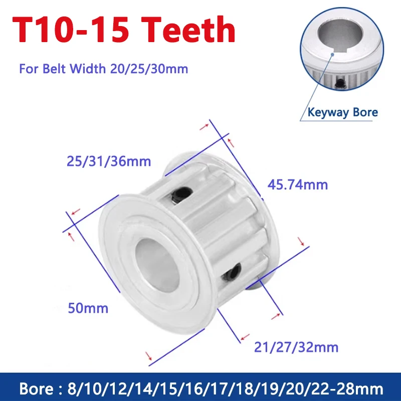 

1pc 15 Teeth T10 Timing Pulley 15T Aluminium Synchronous Wheel for Belt Width 20/25/30mm Bore 8 10 12 14 15 16 17 18 19 20-28mm