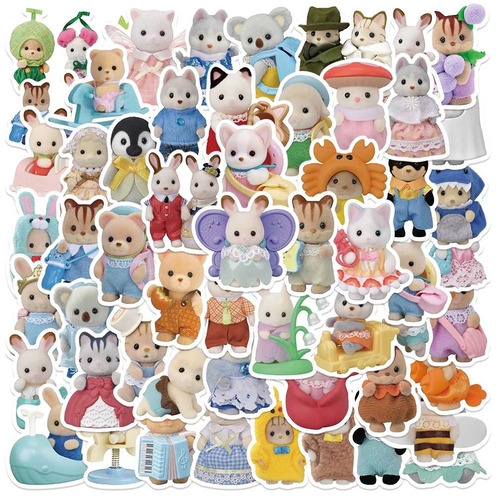 55pcs Cute Doll Cartoon Bear Rabbit Stickers For Water Bottle Laptop Luggage Skateboard Guitar Stationery Kids Toy Decal Sticker