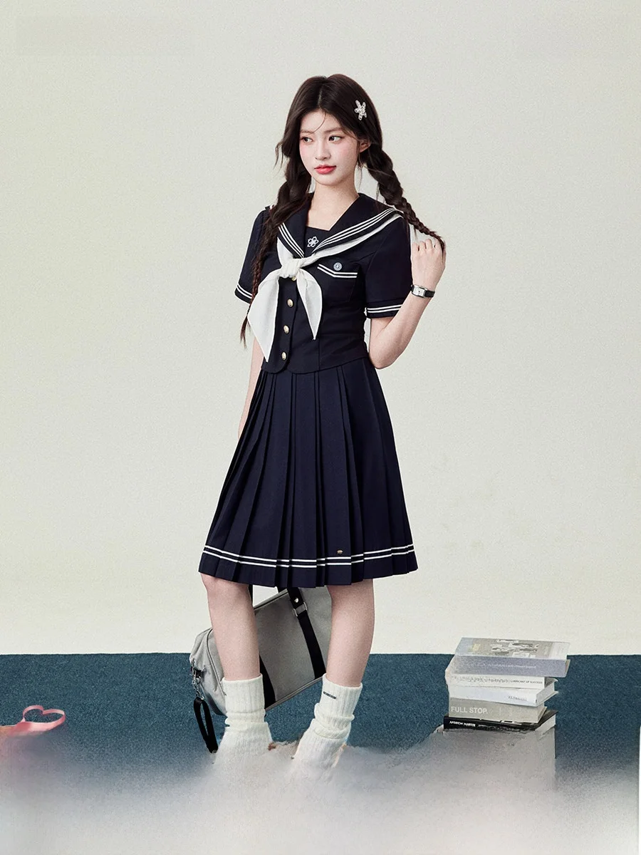 Mrs. Flower Bell Summer Casual Short Sleeve Sailor Collar Shirt Women's College Style Set Breathable Skin-Friendly Fabric