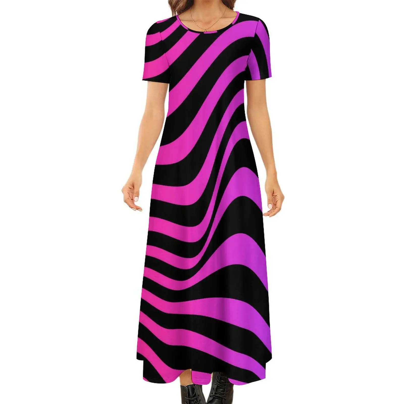 

Abstract Striped Dress Geometry Shape Kawaii Maxi Dress Short Sleeve Fashion Bohemia Long Dresses Lady Pattern Oversize Vestidos