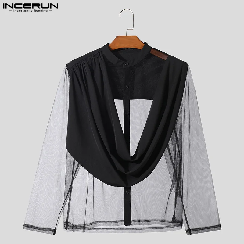 2024 Men\'s Irregular Shirt Mesh Patchwork Stand Collar Streetwear Long Sleeve Camisas Transparent Fashion Men Clothing INCERUN