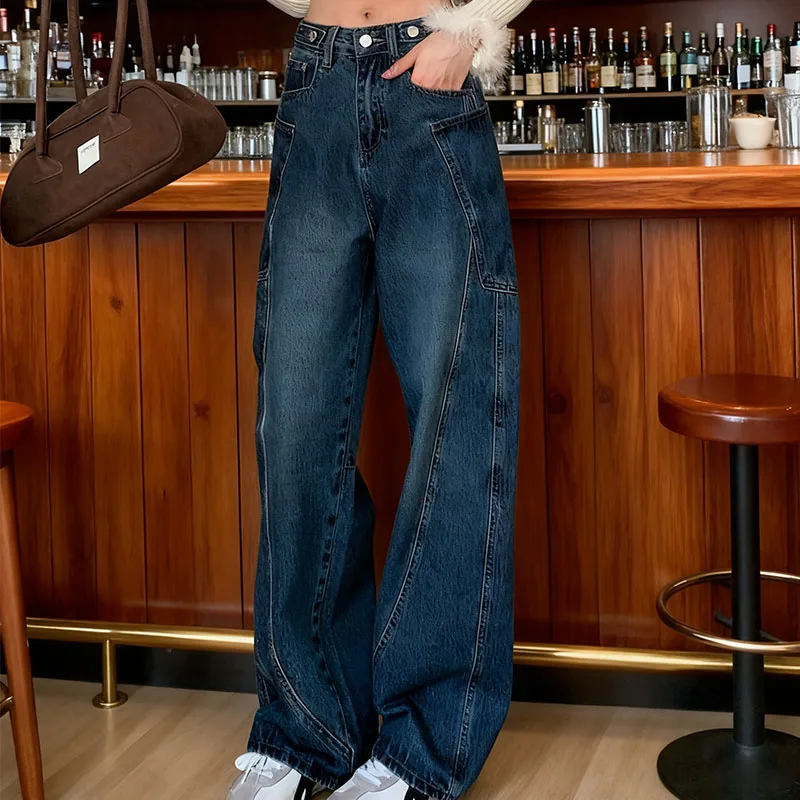 Otoño 2025 pantalones vaqueros de pierna ancha cónicos ajustados de cintura alta Y2K pantalones vaqueros azules Vintage Dongdaemun dobladillo curvo para mujer