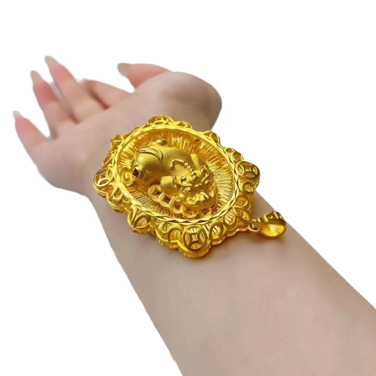

Pixiu Wealth Necklace for Unisex, 24K Gold, AU999 | 3D pixiu with "Wealth" engraving, authoritative symbol of prosperity.