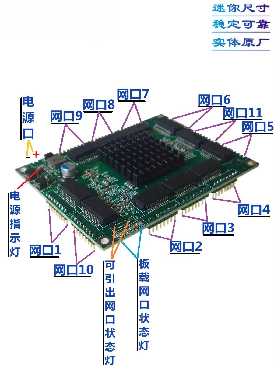 Industrial-grade wide-temperature miniature low-power 9/10/11-port header gigabit network switch pcba module