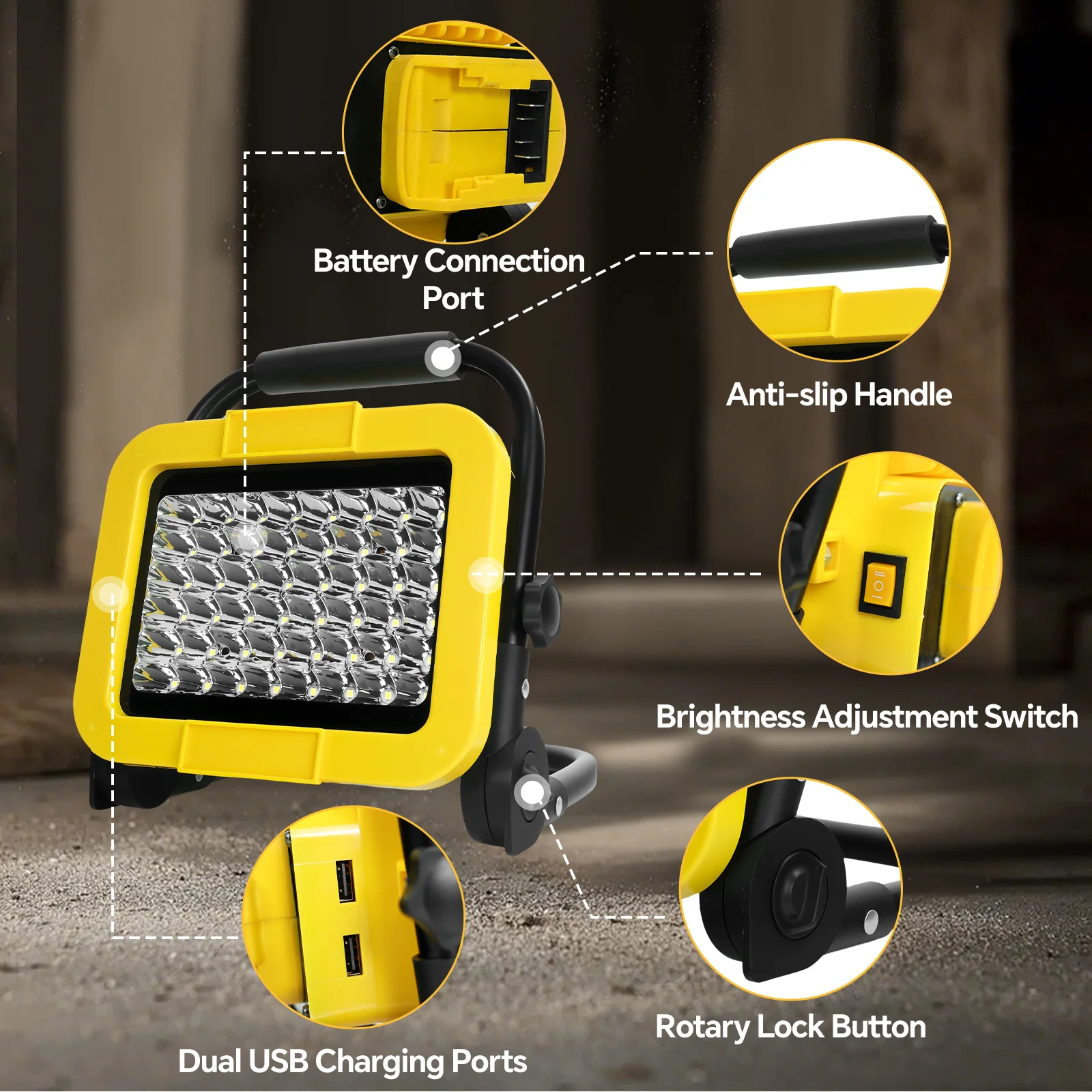 

Беспроводной светодиодный рабочий фонарь 50 Вт 5000 лм Портативный прожектор для наружного освещения в помещении на рабочем месте с 2 портами USB для батареи Dewalt 20 В