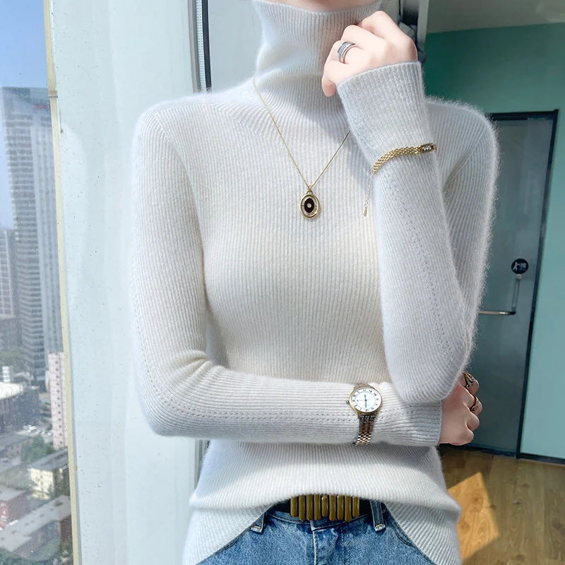 Sleeves hollowed out 100% Merino wool fall/winter cashmere sweater women's pile neck pullover warm bottom knit shirt top