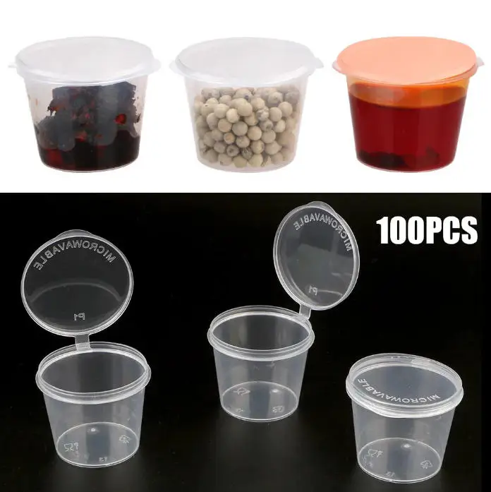 Vasos de plástico transparente desechables al por mayor con tapas, 50/100 unidades, pequeños recipientes de grado alimenticio para salsa, chutney y salsa de chile