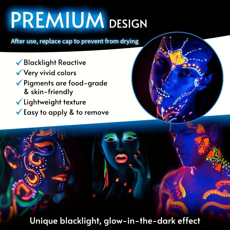 8pcs IDOL COLOR Face Body Paint Kit, Glow in The Dark Under Black Light Glow Makeup Kit for Adult