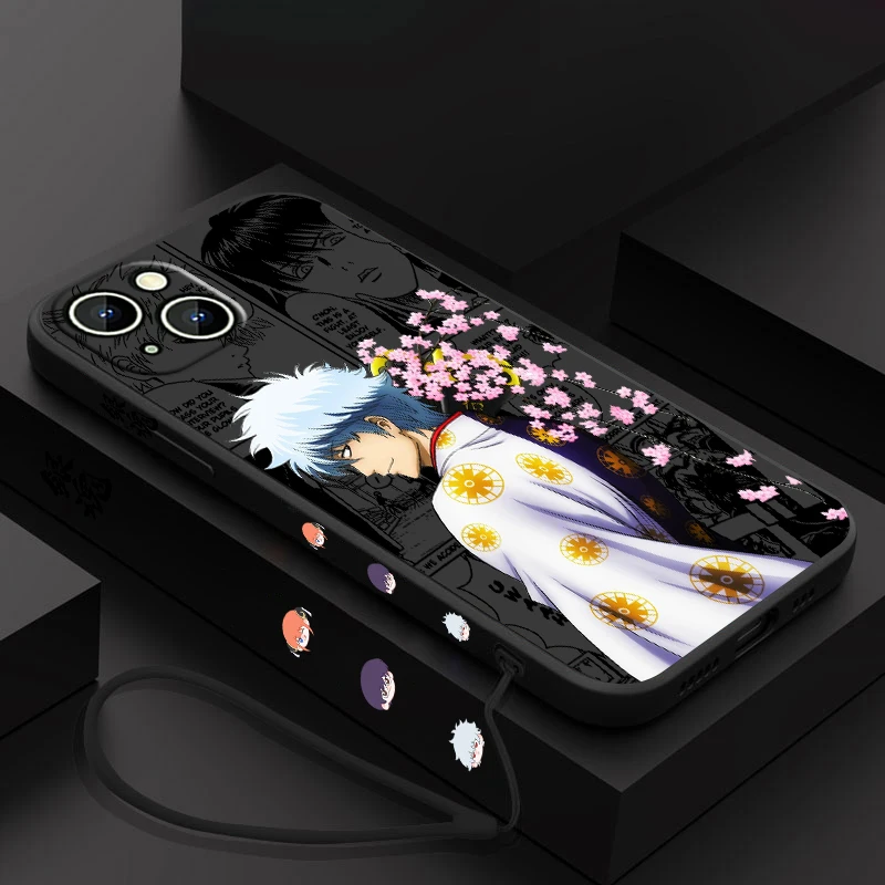 Gintama Sakata Gintoki Phone Case For Apple iPhone 15 14 13 12 11 Pro Max Plus 8 7 SE Liquid Left Rope Capa Cover