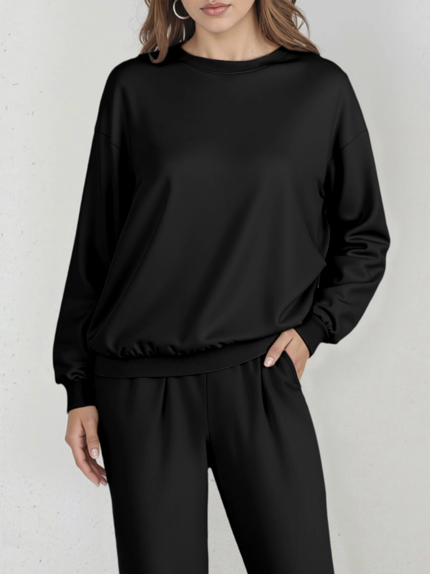 Simple crew neck pullover sweatshirt, casual versatile loose top, everyday basic style