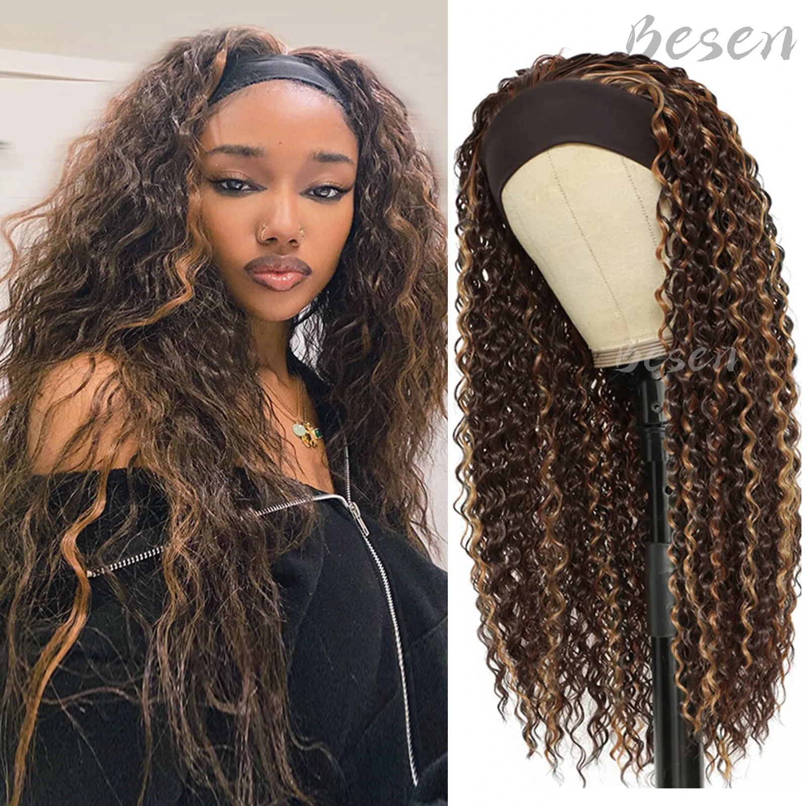 Synthetic Curly Headband Wigs for Black Women Long Brown Water Wave Headband Wigs for Girls Wet and Wavy Half Wig for Daily Wear