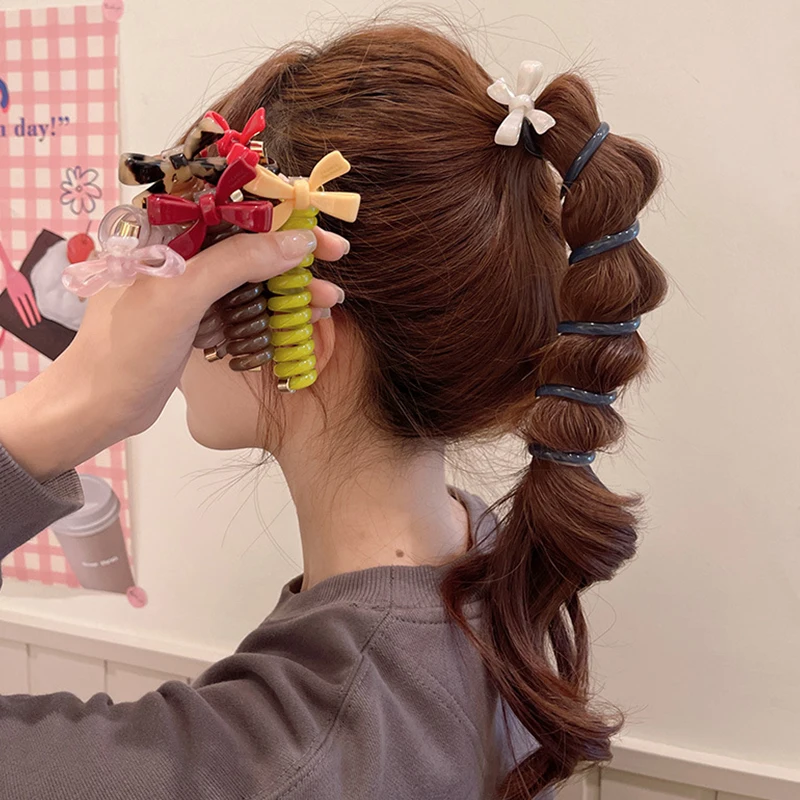 Gravata de cabelo espiral para mulheres Mental, quadrado, pingente de coração, cabo telefônico Scrunchies, corda de cabelo estilo japonês Acessório de moda