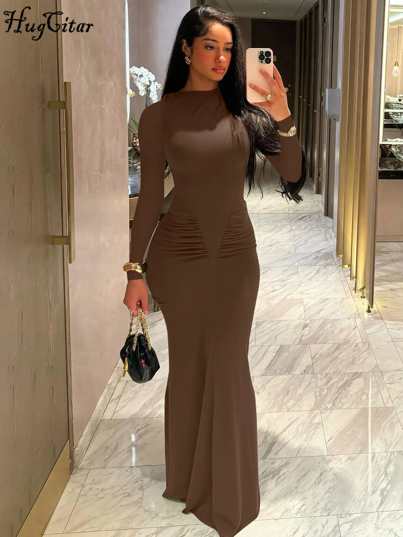 Hugcitar Autumn Solid Long Sleeve Draped Sexy Bodycon Maxi Prom Dress Women Fashion Y2K Outfits Evening Party Festival Club - Image 3