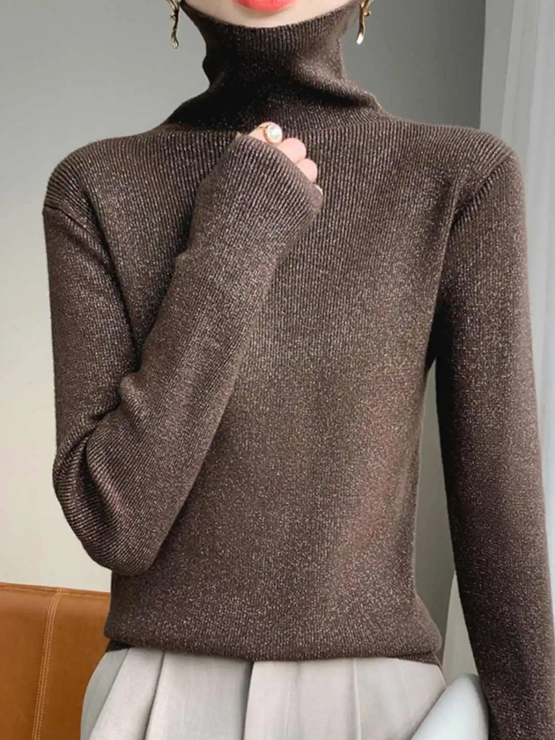 Gold and Silver Silk Base Shirt Women\'s Inner Top Popular High Neck Sweater Pile Neck Knit Sweater