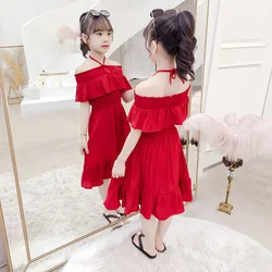 Girl's Dress 2024 New Summer Dress Little Girl Off the Shoulder Hanging Neck One line Skirt Big Girl Princess Hundred pleats Ski