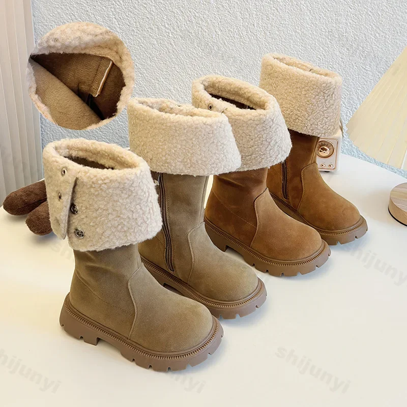 Luxury Lambs Wool Knee High Boots Girls New 2025 Winter Warm Plush Long Boots Kids Flat Shearling Turned-Over Designer Booties