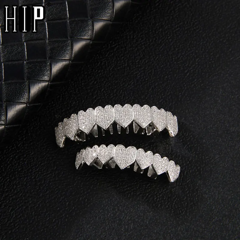 Hip Hop Full Iced Out CZ Stones Teeth Grillz Caps Cubic Zircon Micro Pave Top&Bottom Charm Grills Set For Men Women Jewelry Gift