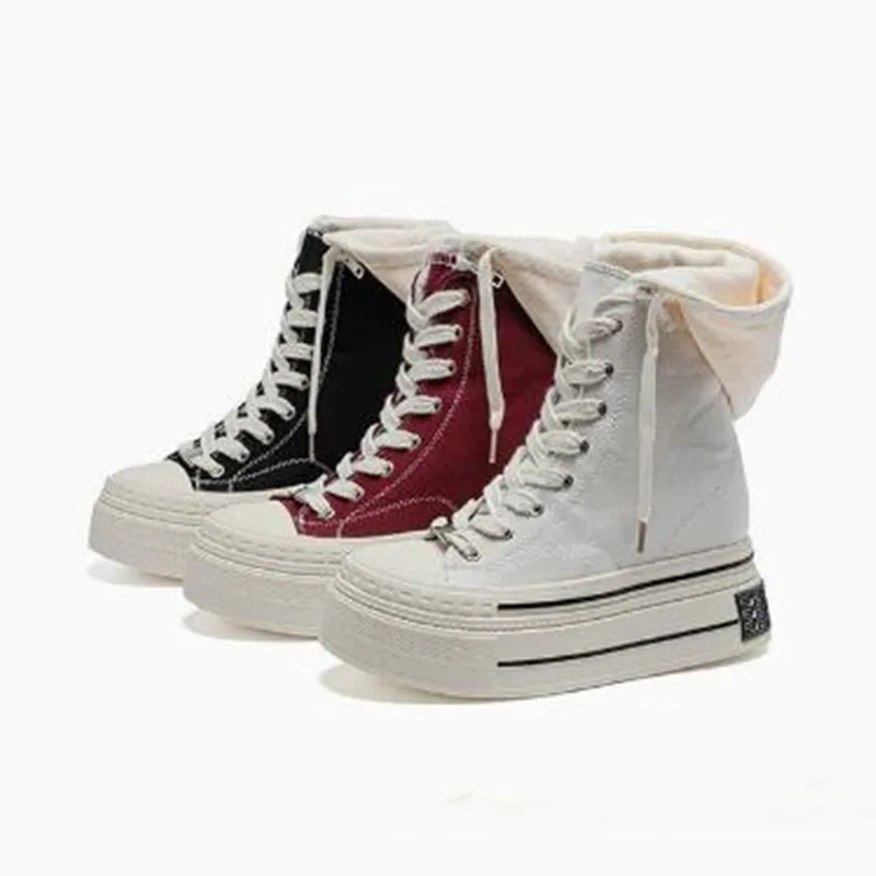 12cm Denim Genuine Leather Women Fashion Sneakers Spring Ankle Boots Platform Wedge High Brand Autumn Winter Hidden Heels Shoes