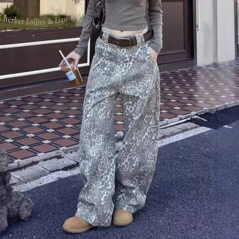 Niche Design Men's Jeans Leopard Print Contrast Color Silhouette Streetwear Wide Leg Casual Male Mopping Trousers 90I1R