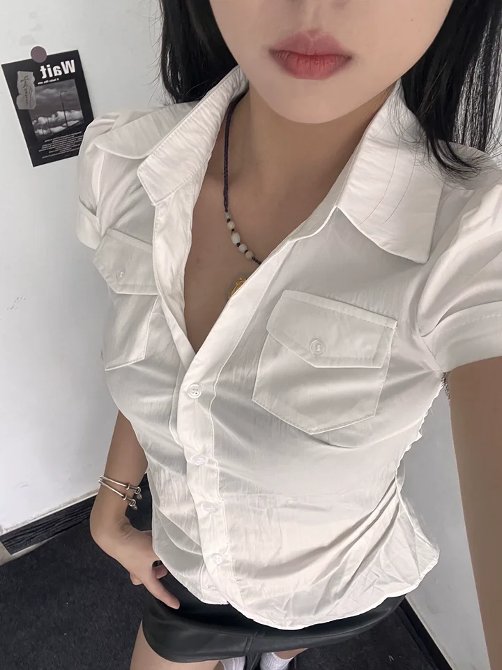 Femme rosa blusa fina camisas de verão moda feminina casual polo pescoço manga curta topo único breasted camisa y2k coquette