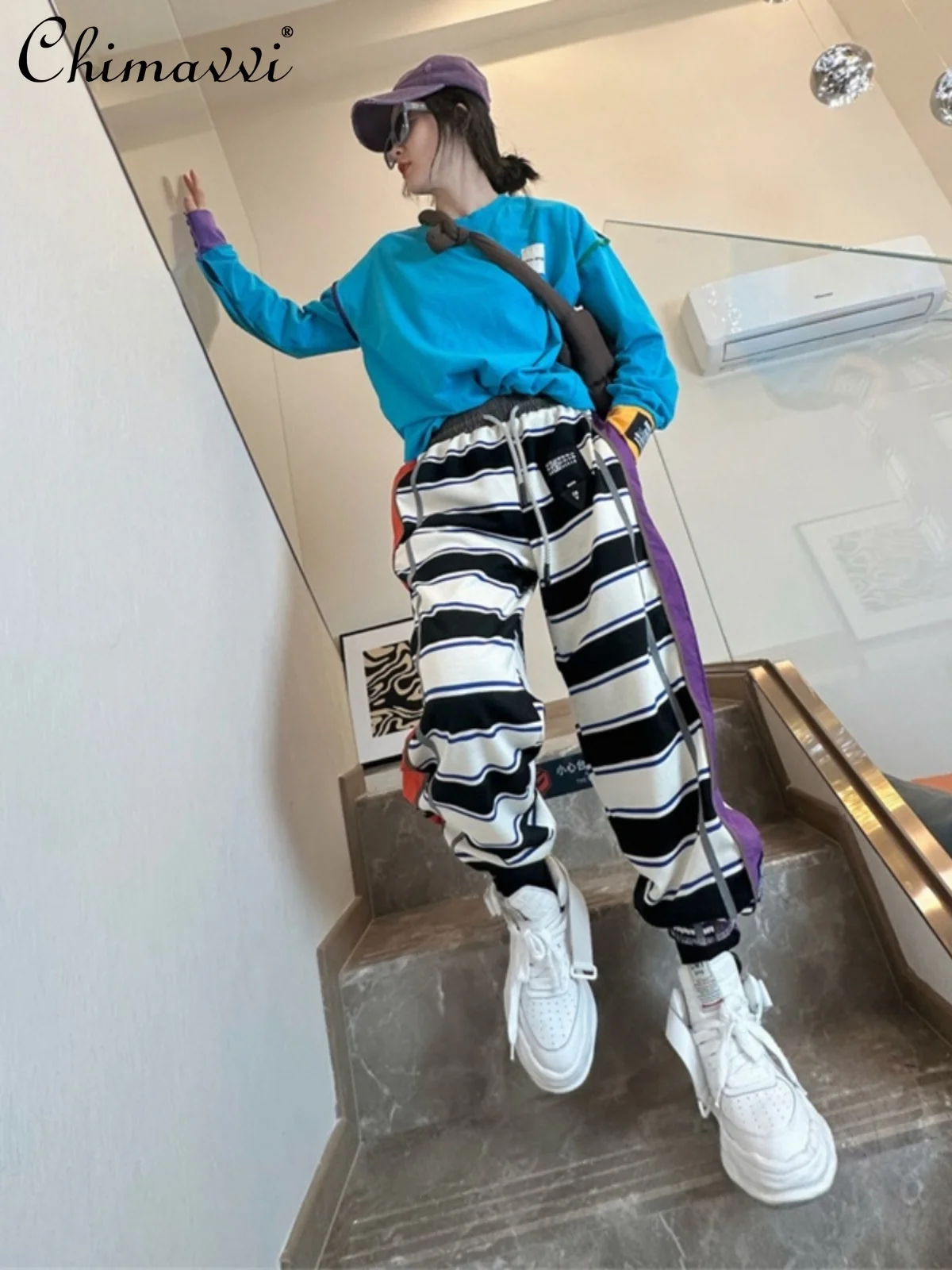 

European Style Spring Striped Patchwork Casual Pants Female Korean Style Fashion Loose Personality Lady Harem Sweatpants Women