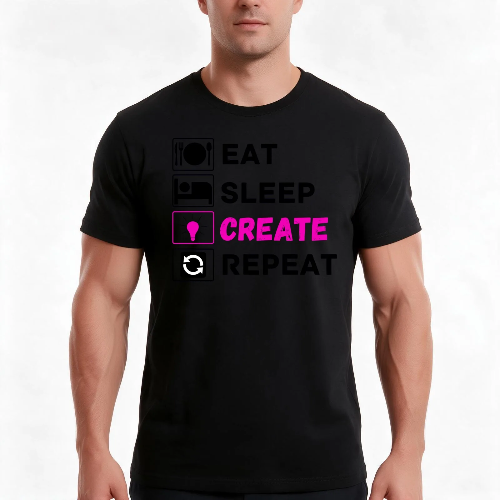 eat sleep create repeat T-Shirt, Summer Casual Cotton Tee, Oversized Streetwear Tops, Vintage Graphic Print, Unisex Men Women