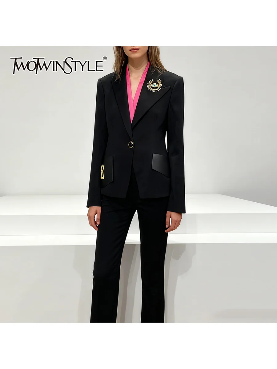 

TWOTWINSTYLE Solid Spliced Metal Decoration Elegant Blazers for Women Lapel Long Sleeves Patchwork Leather Fashion Blazer Female